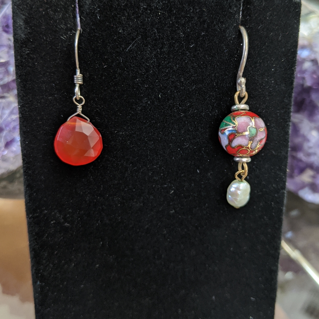 Carnelian, Freshwater Pearl, & Cloissone Earrings
